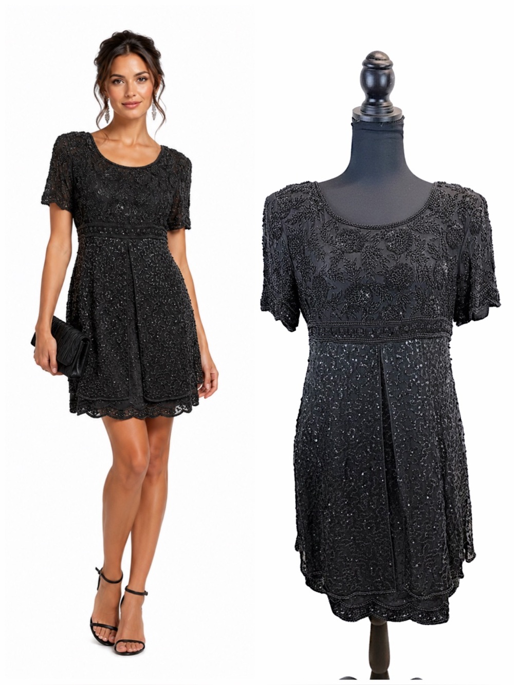 Vintage Laurence Kazar Black Silk Beaded Sequin Cocktail Dress M Art Deco Glam